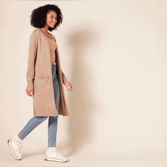 Amazon Essentials Women's Lightweight Longer Length Open Cardigan Sweater Tan XS - Picture 2 of 9